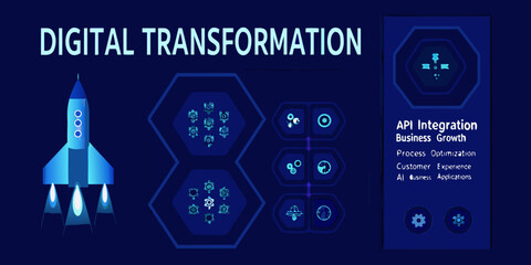 Rocket ship vector illustration with hexagonal patterns and digital transformation themed icons blue tones © PabanBiswas