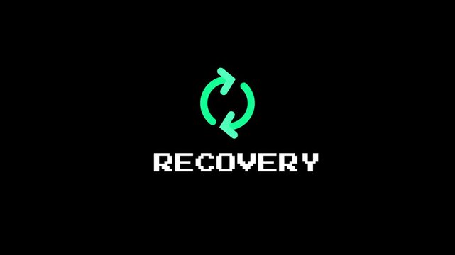 An animated screen with a green circular rotating arrow icon and white Recovery text symbolizing a system or network recovery in progress