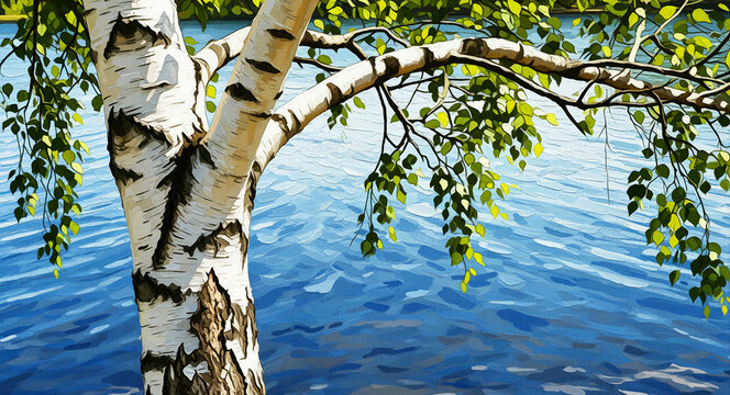 Birch tree with green leaves overlooking a blue lake in a digital oil painting style. White bark and vibrant foliage feature expressive impasto brushstrokes. Ideal for nature and art themes.