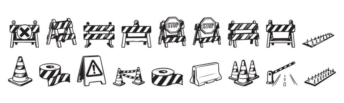 Hand-drawn roadblock and traffic barrier icon set. Sketch illustrations of construction barricades, safety cones, caution tape, stop signs, and spike strips isolated on white background