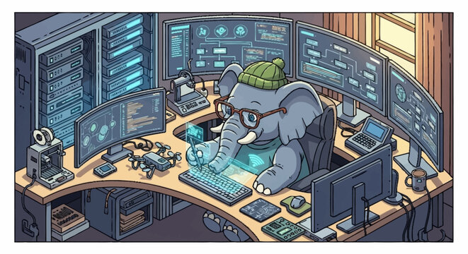 Cute cartoon elephant programmer working diligently at a computer desk with multiple monitors and servers.