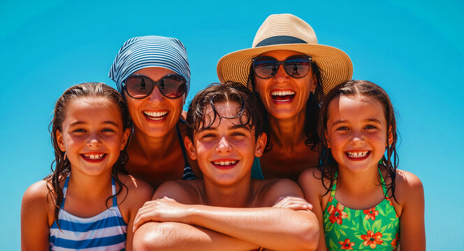 Happy family with two mothers and three children smiling at the beach. Parents and kids wearing sunglasses under a bright blue sky. Diverse family summer vacation concept for lifestyle marketing.