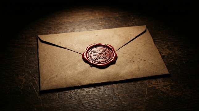 Vintage wax seal envelope dark moody background, Old letter wax seal envelope dark atmospheric, Retro sealed envelope wax stamp dark background
