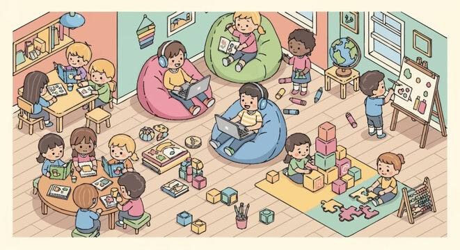 Diverse group of children engaged in various educational activities in a bright and colorful classroom setting.