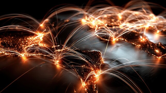 Global network connectivity concept with glowing data lines across a world map