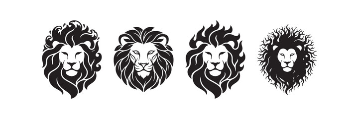 Set of abstract lion head silhouettes. Minimalist black and white lion face logo designs featuring unique flowing manes inspired by nature, leaves, and fire. Isolated on white background. © soesanto