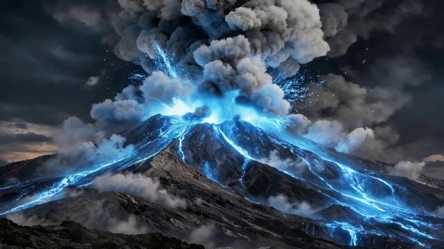 Blue volcanic eruption with ash cloud and glowing lava flows