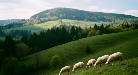 Fototapeta premium Serene countryside landscape with sheep grazing on a lush green hillside