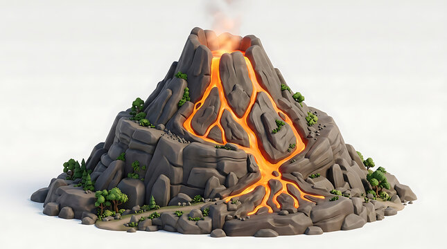 A detailed 3D render of a stylized volcano erupting with glowing lava flowing down its rocky slopes, surrounded by small green trees.
