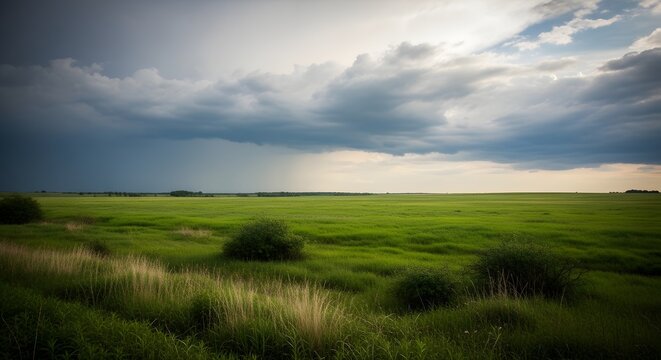 Serene landscape of a vast green field under a dramatic cloudy sky