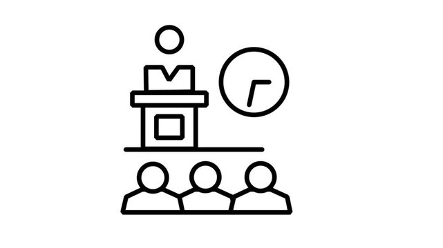 Corporate Training Seminar Scheduling Animated Icon. Animated line icon of a presenter at a podium addressing an audience next to a clock representing presentation scheduling.