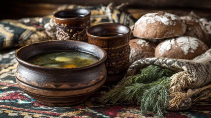 Fototapeta premium Traditional Rustic Meal with Soup, Bread, and Herbal Garnish on Colorful Textile Background for Cultural and Culinary Themes