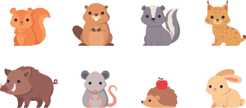 Cute Woodland Animals And Forest Creatures Collection Flat Vector Cartoon Illustration Set