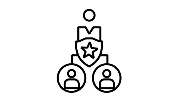 Secure Corporate Hierarchy Protection Animated Icon. Animated line icon displaying a business team network structure protected by a star shield representing data security governance.