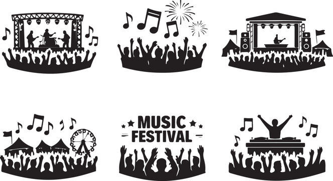 music festival icons featuring concert stage crowd and musical notes festival silhouette vector set.