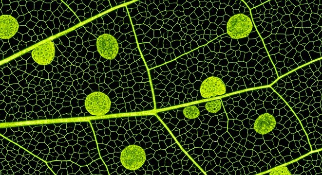 Close up of vibrant green leaf veins and cellular structure showcasing natural botanical patterns and textures
