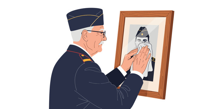 Elderly veteran cleans portrait of younger self in uniform.