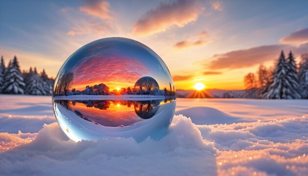 Crystal Ball Reflecting Winter Landscape at Sunset