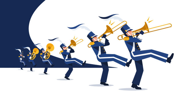 Marching Band Musicians Playing Brass Instruments in Uniform.