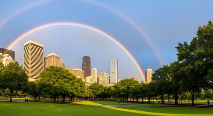 Obraz premium Vibrant double rainbow arcing over lush city park and modern skyline