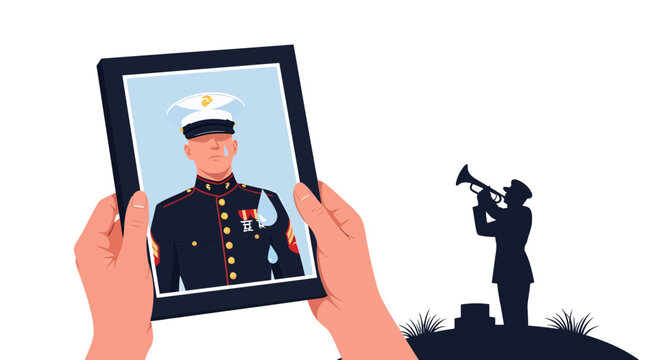 Sad soldier portrait held by hands with bugler silhouette playing in background.