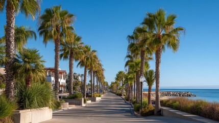 Obraz premium Scenic coastal pathway lined with palm trees leading towards serene beach and tranquil ocean under clear blue sky in a picturesque seaside town