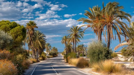 Fototapeta premium Scenic Road Surrounded by Tall Palm Trees Under a Bright Blue Sky with Fluffy Clouds in a Serene Landscape Setting