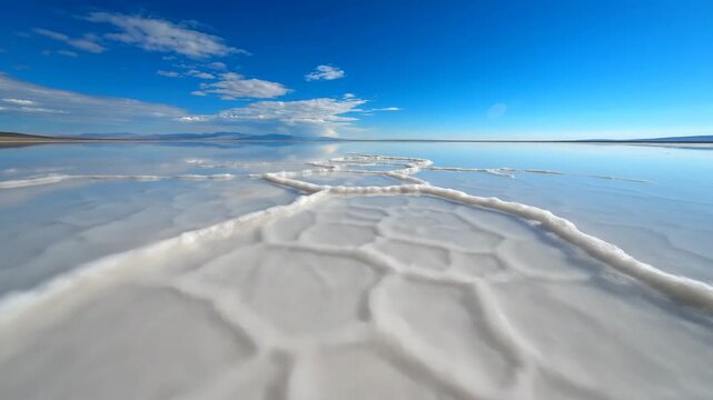 Vast Salt Flats Stretch to the Horizon with Mirror-Like Reflections Under a Blue Sky