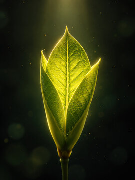 Glowing leaf bud golden light, green sprout with translucent vein, nature growth against dark background, delicate serene botanical macro