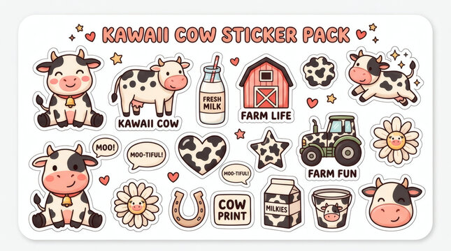 Kawaii Cow Sticker Pack With Farm Elements And Text Labels For Scrapbooking