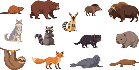 Various Wild Mammals And Forest Animals Collection Vector Cartoon Illustration Set Isolated © Sufea