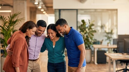 Obraz premium Generative AI, Diverse group of four colleagues hugging and laughing together in warm open office