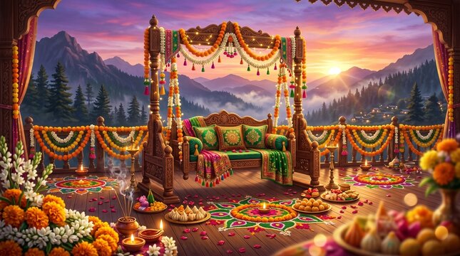 
Happy Hariyali Teej Festival Poster Design with A festive beautifully adorned marigold decorated swing (jhula) and diya lamps with intricate floral ... See Less