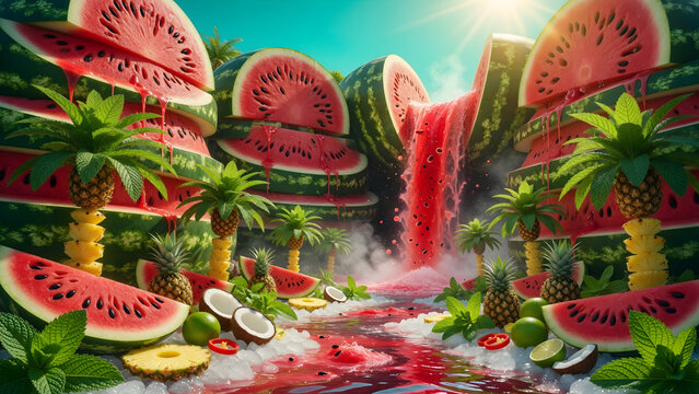 Whimsical exotic fruit island background featuring coconut and pineapple slices