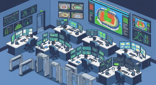Modern security control room monitoring stadium activity with multiple screens and surveillance systems.