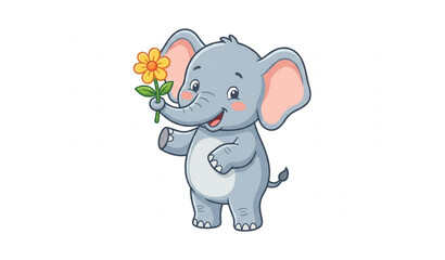 Naklejka premium Cute Baby Elephant Holding Flower Cartoon Vector Illustration