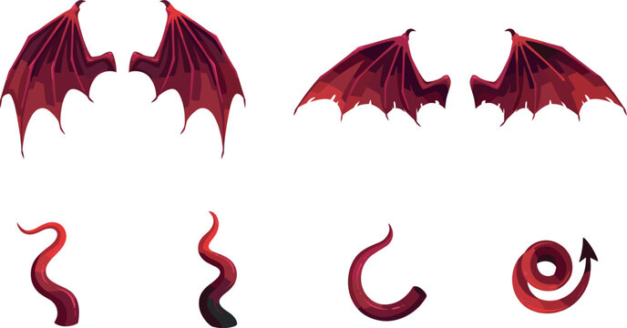 Red Devil Wings And Horns Collection Vector Illustration Set Isolated On White