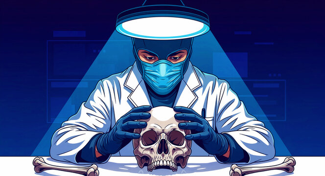 Scientist in a lab coat and mask examining a human skull under a bright surgical lamp. Forensic researcher holding a cranium in a dark lab setting. Forensic science and pathology research concept.