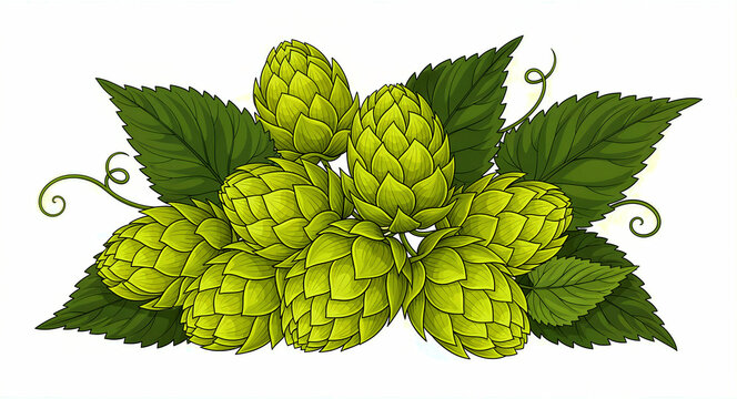 Bunch of green hop cones with fresh leaves isolated on white. Artistic illustration of Humulus lupulus plant used for beer brewing. Natural herbal ingredient concept for craft brewery branding.