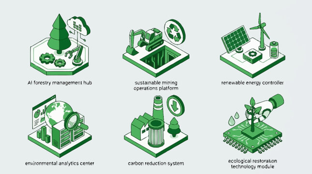 Set of isometric illustrations representing sustainable technology and environmental solutions for a greener future.