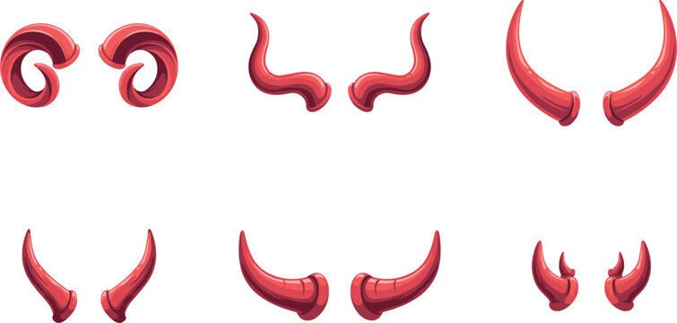 Red Devil And Demon Horns Collection Vector Illustration Set Isolated On White