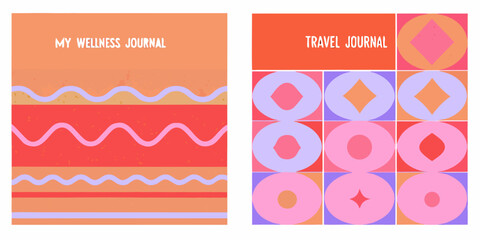 Obraz premium Coral colored journal covers with wavy and geometric patterns a vector illustration style cover