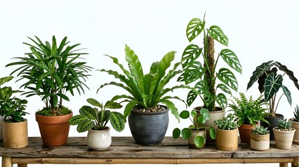 Fototapeta premium Assorted Houseplants on Rustic Wooden Shelf, Botanical Home Decor