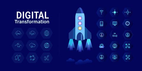 Isometric Rocket Ship And Digital Transformation Icons Blue Gradient Background spacecraft launch vehicle technology © Bijoy