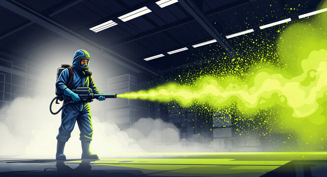Worker in hazmat suit spraying green gas in warehouse. Specialist wearing protective gear and gas mask during industrial fumigation. Hazardous waste cleanup and chemical safety concept.