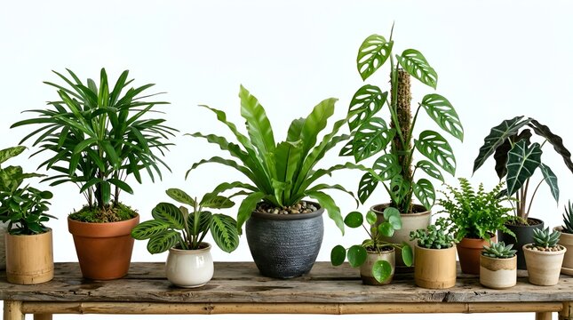 Assorted Houseplants on Rustic Wooden Shelf, Botanical Home Decor
