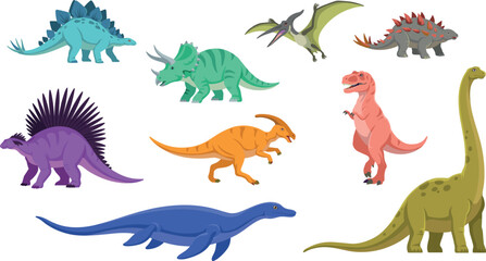 Cartoon Dinosaurs Prehistoric Reptiles And Ancient Creatures Collection Vector Illustration Set Isolated © Sufea