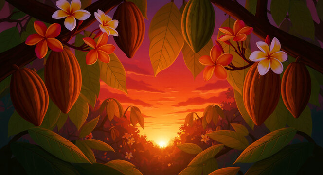 Cacao pods and plumeria flowers on branches at sunset. Sun sets over a tropical jungle framed by leaves and fruit. Agriculture concept for chocolate branding and tropical marketing.