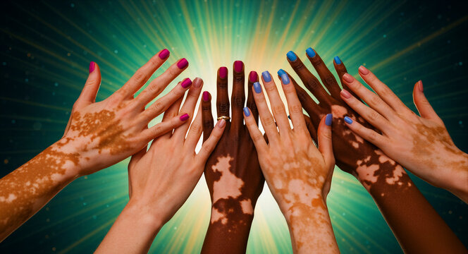 Diverse hands with vitiligo raised against a glowing background. Multicultural people showing unity and solidarity with colorful nails. Inclusion concept for social awareness and diversity marketing.