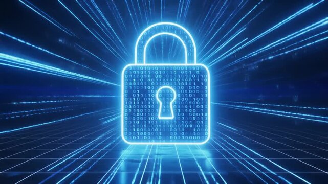 Glowing blue padlock radiates beams symbolizing cybersecurity, encryption, privacy, trust, resilience, digital protection, futuristic strength, and secure networks